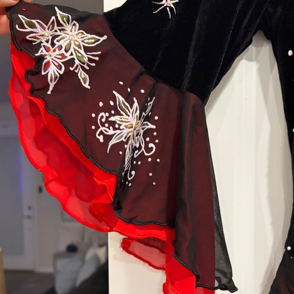 Elegant Black and Red Embroidered Figure Skating Dress - Picture 5 of 9